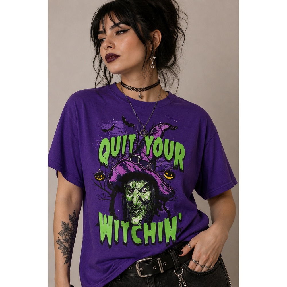 Happy Halloween Quit Your Witchin Tee Spooky Goth Grunge Purple Cotton XL